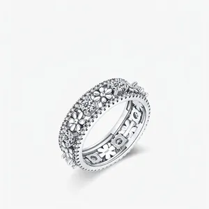 Daisy Flower Ring 925 Sterling Silver Zircon Inlaid Hollow Vintage Style Jewelry For Women Elegant Party Accessory
