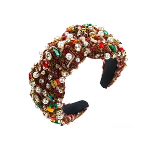 Serre-tête de Noël en tweed rouge avec perles, cristaux et breloques oursons