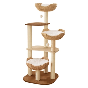 Arbre à chat à trois niveaux avec paniers tissés, poteaux en sisal et balles de jeu