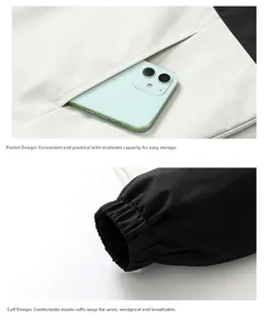 Close-up of functional side pockets and elastic windproof cuffs on outdoor jacket
