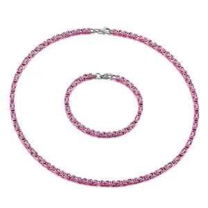 Pink and silver stainless steel Byzantine chain necklace and bracelet set with lobster clasp