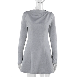 Detail view of grey slim fit knitted dress showing premium blend fabric texture and round neck