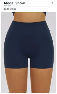 Close-up of high-waist seamless compression yoga shorts in insignia blue color