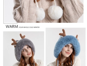 Detail showing plush earflap hat with deer antlers, faux fur texture and pom-poms