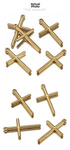 Macro detail of polished gold stainless steel cross pendants with top hanging rings