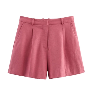 Linen blend high-waisted shorts in vibrant hot pink featuring cargo creases and side pockets