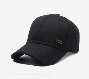 Detail view of structured black baseball cap with side metal plate and SPORTS embroidery
