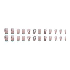 French sparkly press-on nails set with glitter, square diamonds and silver stars