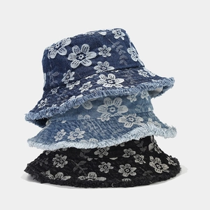 Vintage floral denim bucket hats with frayed edges in dark blue, light blue, and black colors