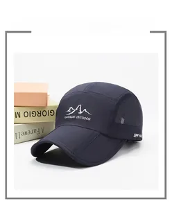Detail of dark blue outdoor cap with breathable mesh and UPF 50+ sun protection label