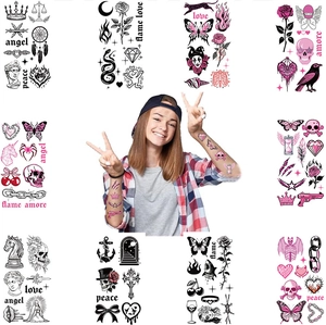 American style rose and skull waterproof tattoo stickers featuring diverse heart patterns