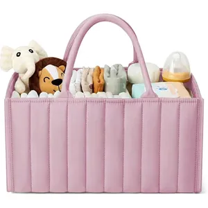 Quilted Cotton Baby Diaper Caddy Organizer Bag With Removable Dividers Large Capacity Portable Nursery Storage Bin For Infants