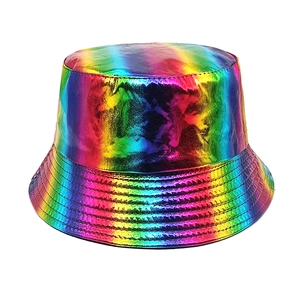 Detail of laser rainbow fisherman hat featuring metallic reflective surface texture