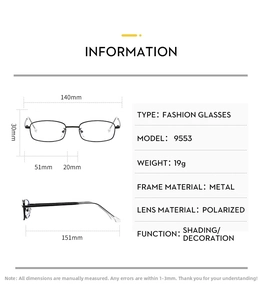 Detailed size chart for metal frame glasses including lens width and temple length info