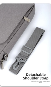 Close-up of detachable gray polyester shoulder strap and plastic buckles for 11-13 inch iPad bag