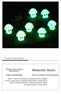 Macro detail of resin mushroom figurines showing glow-in-the-dark fluorescent effect