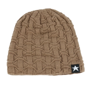 Detailed knit texture of a warm brown winter beanie with a small star woven label