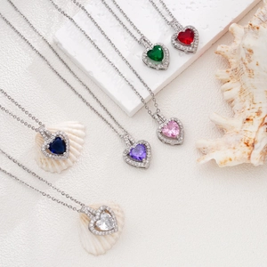 Zircon heart necklace set in multiple colors with silver chain for elegant women