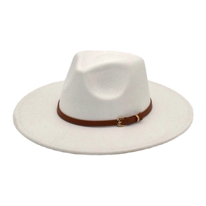 Cappello jazz in feltro di lana bianco con tesa larga e cinturino in pelle scura