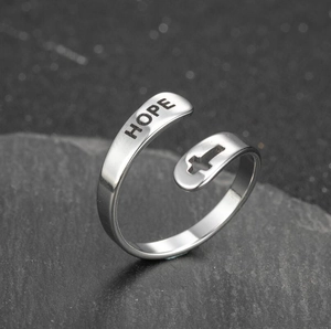Double-layer stainless steel cross ring with engraved HOPE text in silver finish