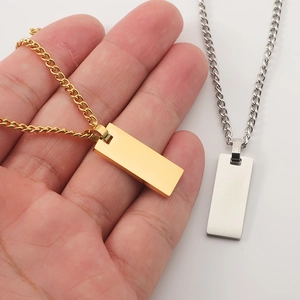 Minimalist gold and silver stainless steel rectangular pendant necklaces with side chains