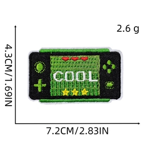 Detailed view of green retro game console embroidery patch with size and weight specs