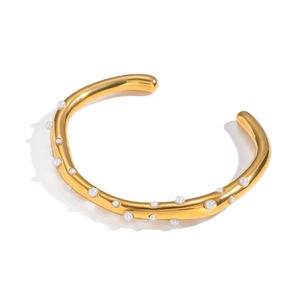 Minimalist 18K gold-plated stainless steel open cuff bracelet with white pearl accents