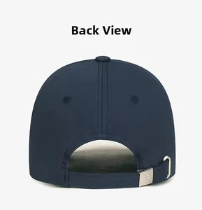 Detail of navy blue cotton baseball cap back with adjustable strap and metal buckle