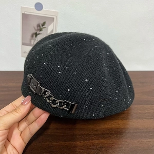 Elegant black sequin knit beret for women with stylish silver chain and metal buckle