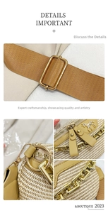 Detail of woven texture beige bag with horse logo, golden hardware and fabric strap
