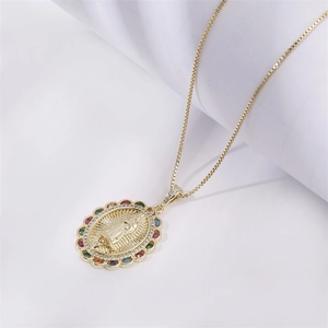 Classic gold plated Virgin Mary pendant necklace with colorful cubic zirconia halo