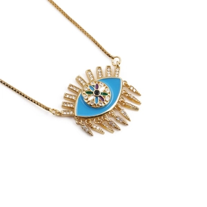 Gold-plated Evil Eye pendant necklace with colorful enamel flowers and zircon stones