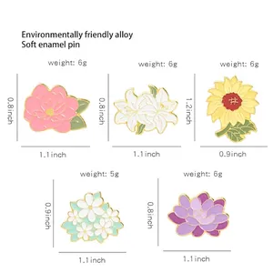Floral enamel pins collection featuring lily, sunflower, and daisy with size dimensions