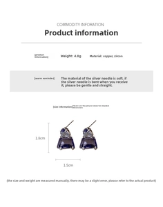 Detailed view of geometric zircon earrings with size specs and copper base texture