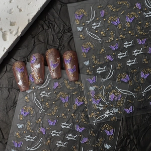 3D gold butterfly and lily of the valley nail stickers on gradient glitter nails