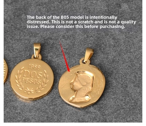 Detail of 18K gold plated Roman coin pendant showing embossed relief and laurel wreath