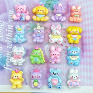 Collection of 16 mini resin cartoon animal charms including bears and rabbits for DIY crafts