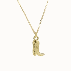 18K gold plated brass necklace featuring a vintage cowboy boot pendant with intricate details