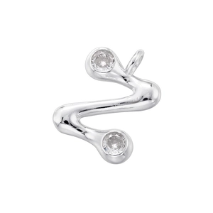 Detailed view of S-shaped silver earrings with sparkling round cubic zirconia accents