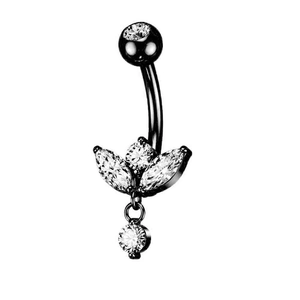 Macro shot of black plated belly ring with sparkling zircon petals and round dangle charm