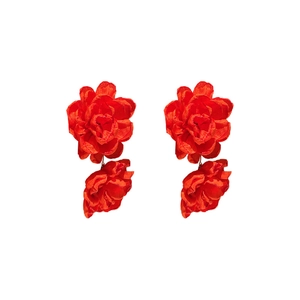 Elegant red fabric double rose flower earrings with silver needles for women