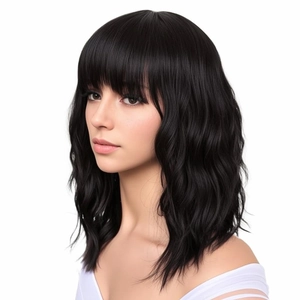 Side view of black mid-length wavy wig with bangs, showcasing glossy synthetic hair fibers