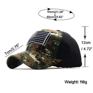 Tactical camo baseball cap with mesh back and US flag patch, adjustable sizing 54-60cm