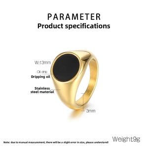 Detail view of gold stainless steel ring with 13mm black drip oil round signet top