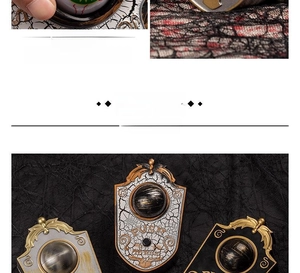 Macro view showing the antique metal texture and push button on Halloween doorbell
