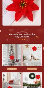 Detailed view of red artificial poinsettia flower with multi-scene Christmas decor