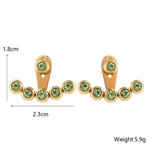 Golden fan-shaped stainless steel earrings with green crystals, size 2.3cm by 1.8cm