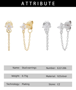 Detail view of flower stud earrings with CZ stones and S925 silver fringe tassels
