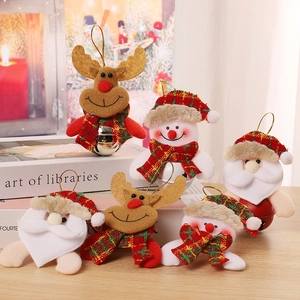 Christmas Tree Hanging Ornaments Plush Fabric Metal Bell Reindeer Santa Snowman Plaid Pattern Holiday Party Decor