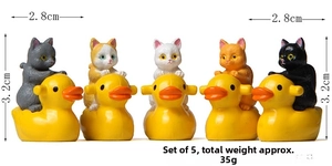 Set of 5 miniature resin cats riding yellow ducks for creative garden landscaping décor